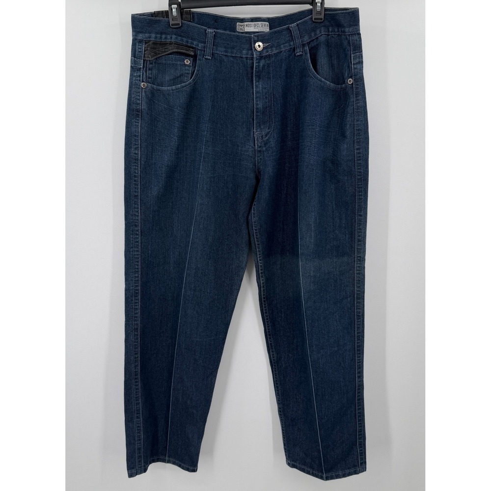 c Mens Straight Fit Jeans Dark Wash Faux Leather Trim 44x34